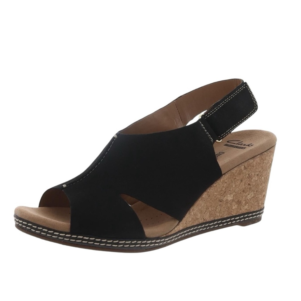 CLARKS Women’s Black Tan Suede Leather Heilo Float4 Cork Wedge Sandals Sz 9.5